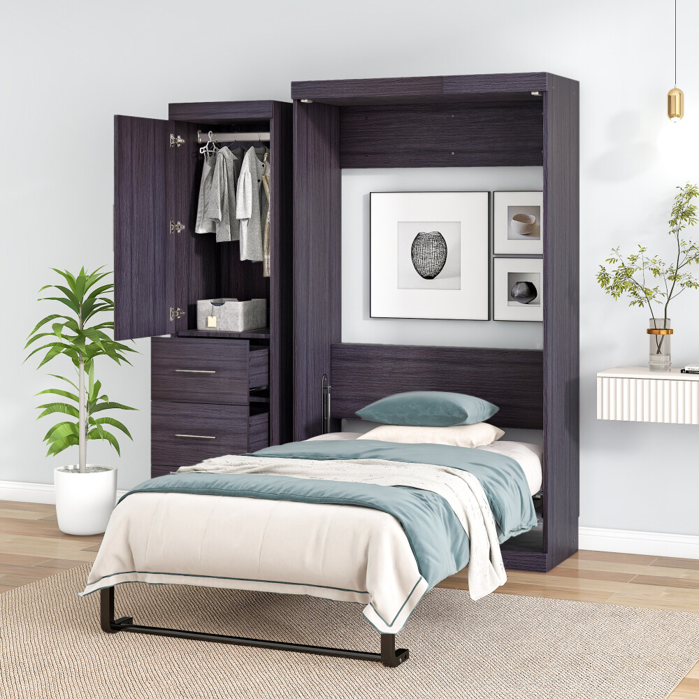 Twin Size Murphy Bed with Wardrobe and Drawers, Storage Bed, can be Folded into a Cabinet, Gray – Store – Power Through Peace & Unity Store