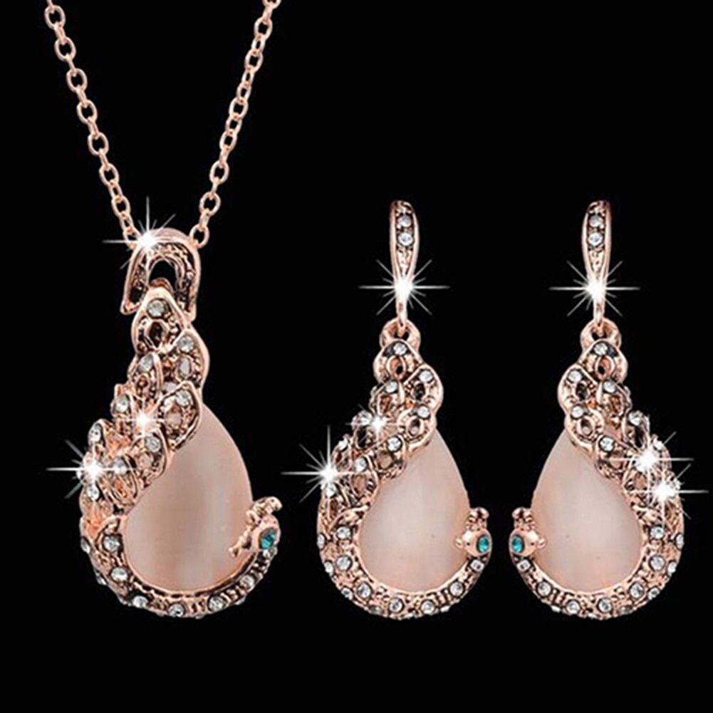 Women’s Elegant Opal Waterdrop Rhinestone Pendant Necklace and Hook Earrings Jewelry Set – Store – Power Through Peace & Unity Store