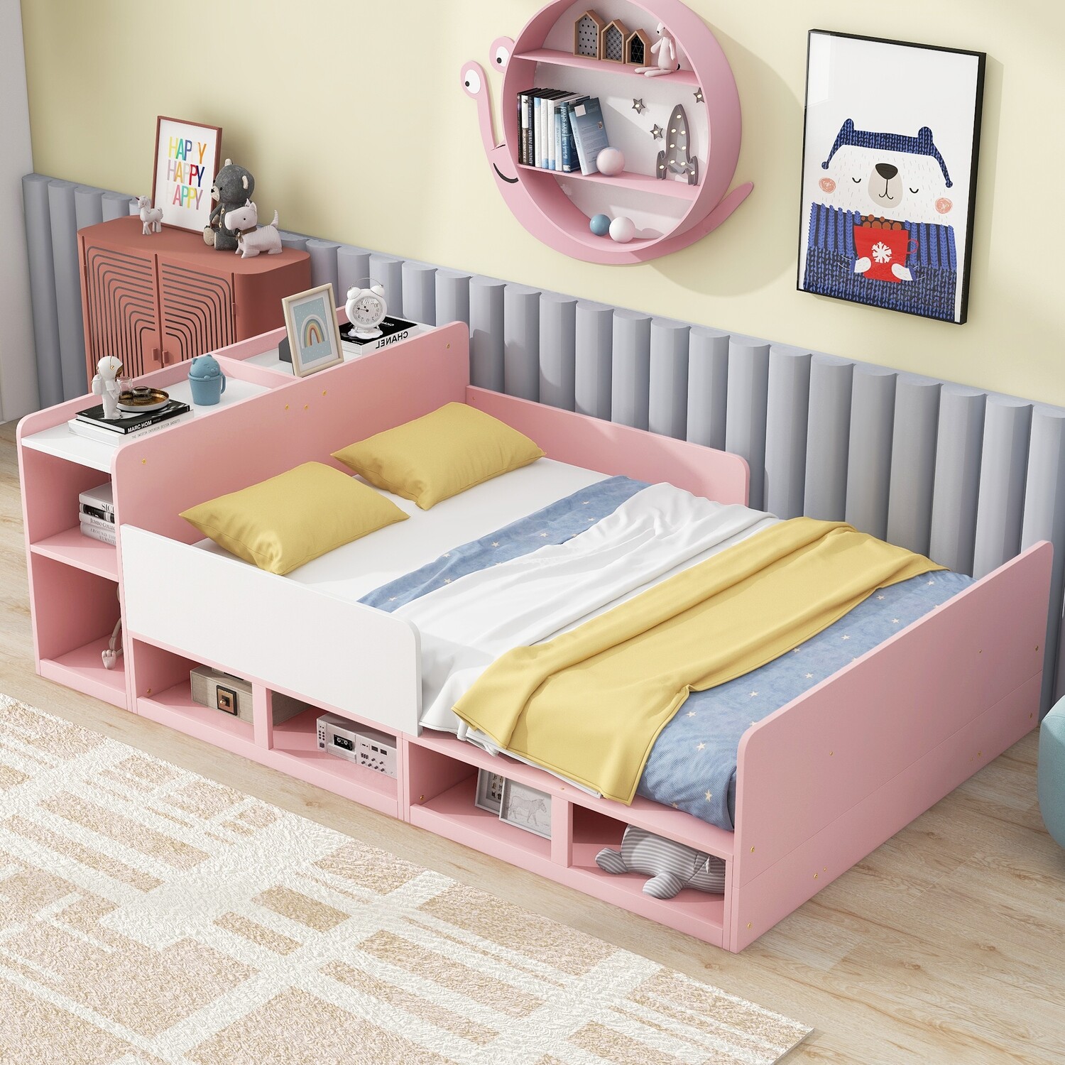 Girl’s Wood Full Size Platform Bed with Storage Headboard, Guardrails and 4 Underneath Cabinets, Pink – Store – Power Through Peace & Unity Store