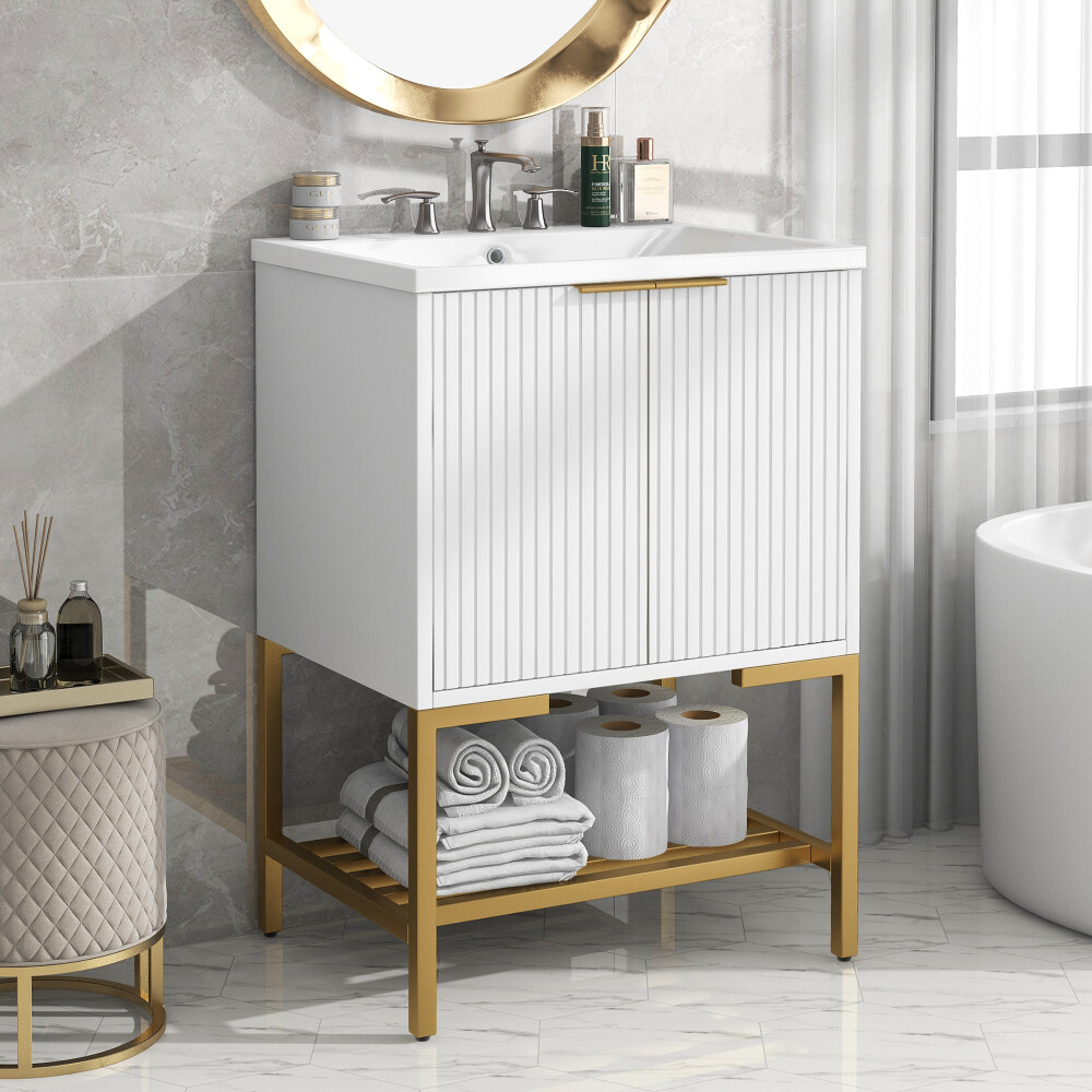 24-Inch Bathroom Vanity with Sink, Vanity Cabinet with Two Doors and Gold Metal Frame, Open Storage Shelf, White – Store – Power Through Peace & Unity Store