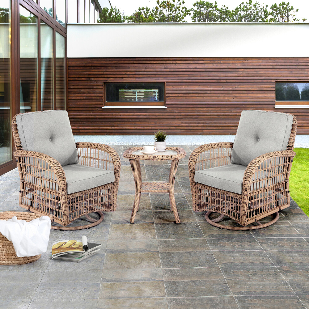 3 Pieces Outdoor Wicker Swivel Rocking Chair Set, Patio Bistro Sets with 2 Rattan Rocker Chairs and Glass Coffee Table for Backyard – Power Through Peace & Unity Store – POWER comes in response to need NOT DESIRE
