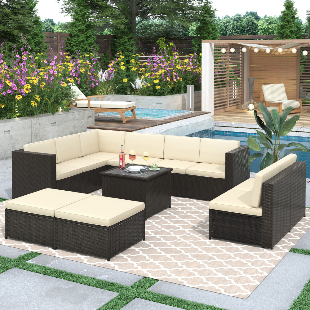 U_Style 9 Piece Rattan Sectional Seating Group with Cushions and Ottoman, Patio Furniture Sets, Outdoor Wicker Sectional – Power Through Peace & Unity Store – POWER comes in response to need NOT DESIRE