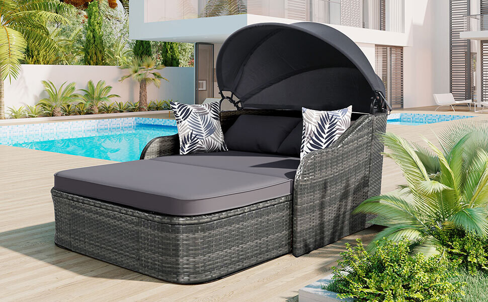 GO 79.9-Inch Outdoor Sunbed with Adjustable Canopy, Daybed With Pillows, Double Lounger, PE Rattan Daybed, Gray Wicker and Blue Cushion – Power Through Peace & Unity Store – POWER comes in response to need NOT DESIRE
