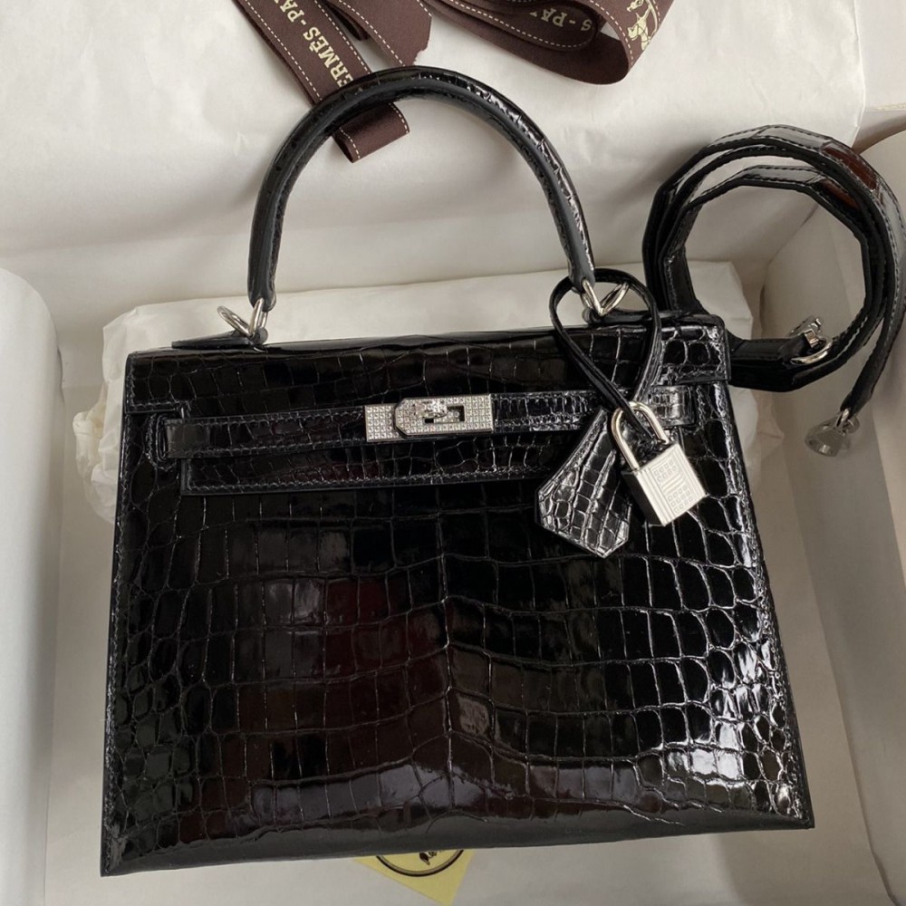 High Quality Replica Hermes Kelly Sellier 25 Diamond Bag In Black Crocodile Niloticus Shiny Skin $ 8689 USD