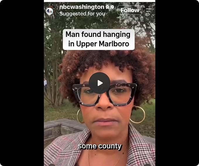 LetsGetIntoIt2025 (@letsgetintoit2025): "Again.   BLACK PEOPLE DO NOT HANG THEMSELVES FROM TREES.   This man was discovered just before 8AM this morning and it was immediately ruled a suicide by the medical examiner.   This happened in Upper Marlboro,  Maryland.   We cannot keep accepting this as normal and just moving…"